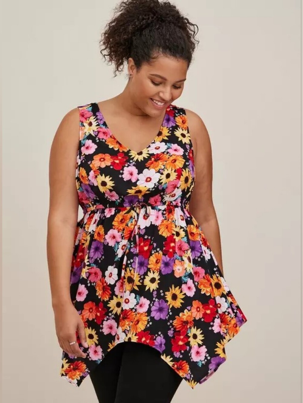 Torrid Black Floral Babydoll Stretch Challis Hanky Hem Top Plus Size 4 4x